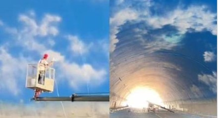隧道顶部彩绘(天空壁画)人造天空，蓝天白云效果